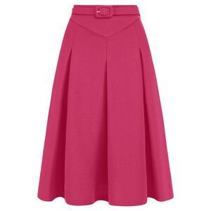 A-Line Belted Waist Casual Midi Flare Pleated Skirt Fuschia